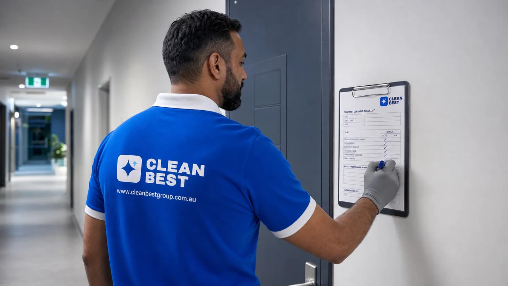 Clean Best cleaner crossing a lit corporate lobby after hours in Norwest NSW