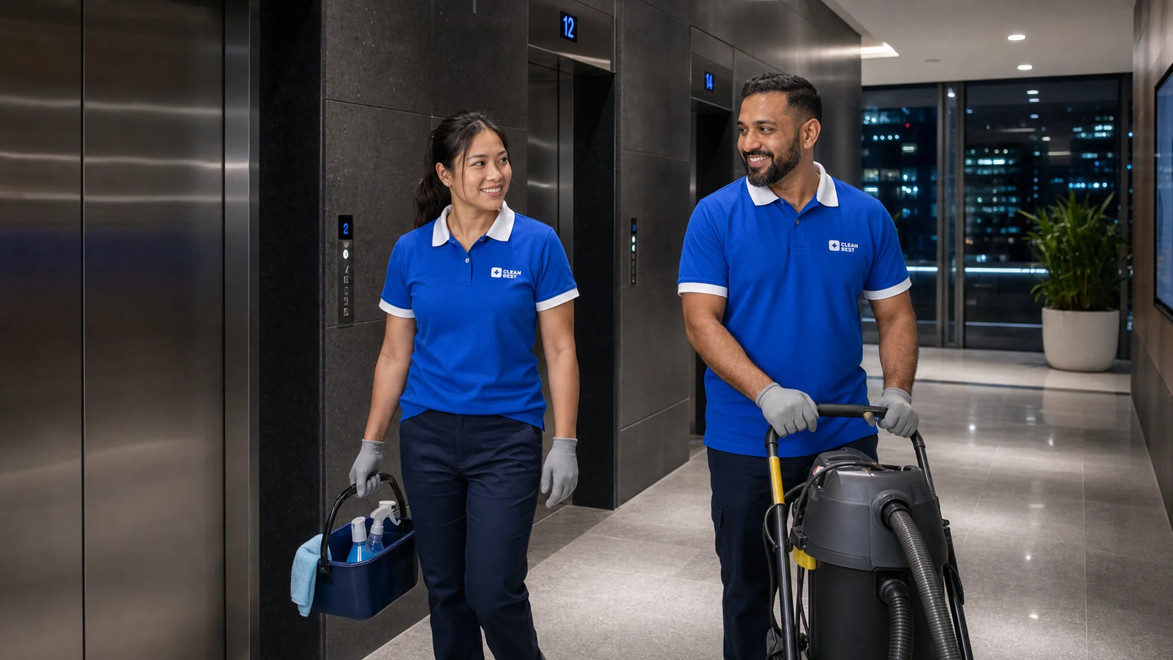 Clean Best cleaner crossing a lit corporate lobby after hours in Norwest NSW